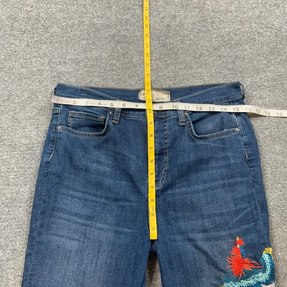 Free People Jeans Womens 30 Blue Embroidered Bird Skinny High Rise Raw Hem Denim